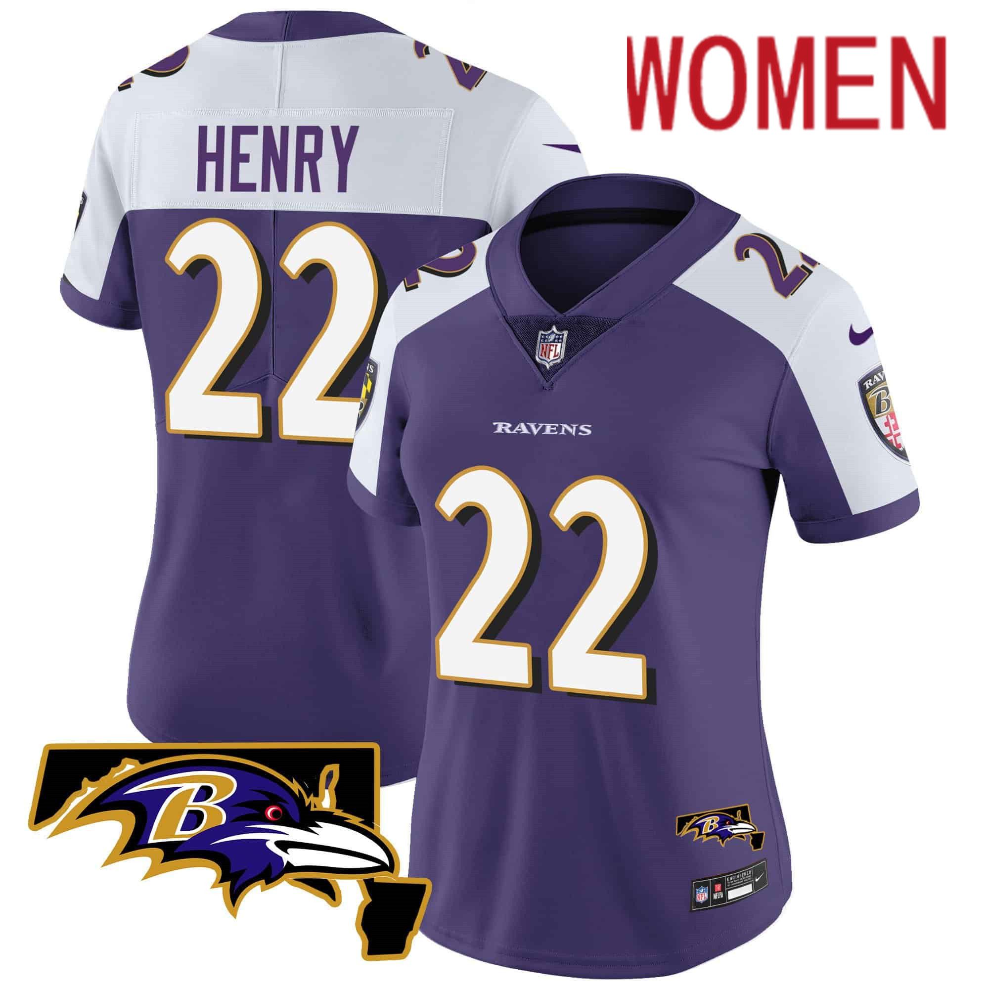 Women Baltimore Ravens 22 Henry Purple 2024 Nike Maryland Patch Vapor Limited NFL Jersey